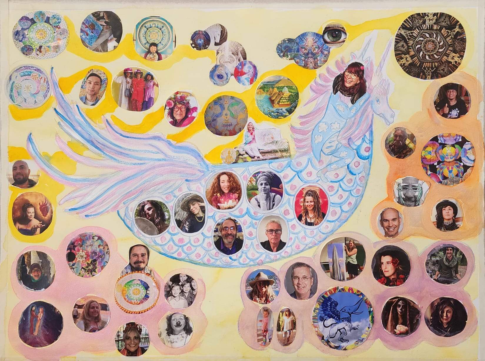 The Pegasus Unicorn Ship came out of the Fireside Chat with Della on Manifesting Dreams for Global Impact interviewed by Steven Leavitt. Steven asked Dodoland style "What would you be if you were a mythical animal?" Bliss who was hosting the session with Design Science Studion said Pegacorn. Well that night Della had a fantastic dream of Bliss riding a Pegasus Unicorn. The next day she started to paint and collage it. She asked people who were at the Fireside if they would like to join and many dreamers joined the Ship. 